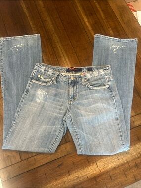 Vigoss Y2K Distressed Flare Jeans Paint Splatter Boho Festival Denim 7/8